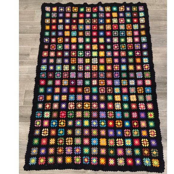 Handmade Crochet Granny Square Blanket 45x64 Multicolor Black Vintage Boho Throw